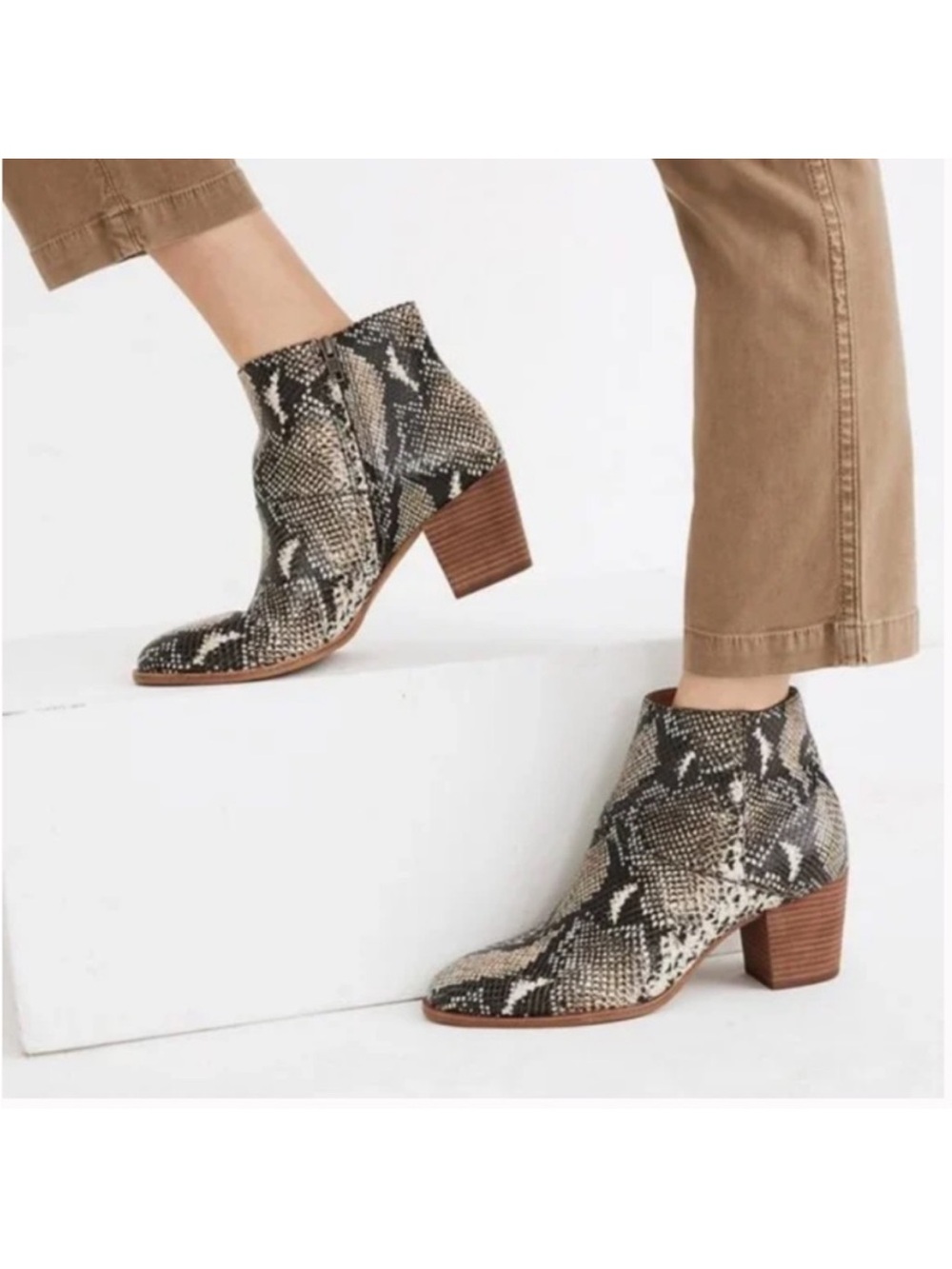 Madewell Snake-Print Leather Ankle Booties in Black and Brown New